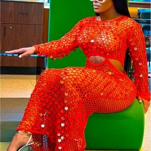 Sequin Crochet Maxi Dress/Cover Up